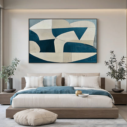 AURA164 Textured Abstract Wall Art: Deep Blue & Beige Geometric Curves/Lines with Impasto Texture, Modern Living Room Focal Point Above Minimalist Fireplace, Contemporary Canvas for Minimalist/Mid-Century Luxury Decor