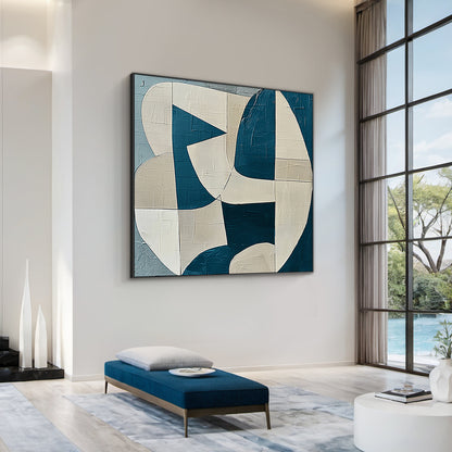 AURA164 Textured Abstract Wall Art: Deep Blue & Beige Geometric Curves/Lines with Impasto Texture, Modern Home Office Statement Piece Above Sleek Floating Shelf, Contemporary Canvas for Minimalist/Mid-Century Luxury Decor