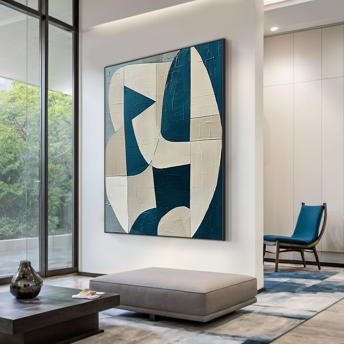 AURA164 Textured Abstract Wall Art: Deep Blue & Beige Geometric Curves/Lines with Impasto Texture, Modern Home Office Statement Piece Above Sleek Floating Shelf, Contemporary Canvas for Minimalist/Mid-Century Luxury Decor