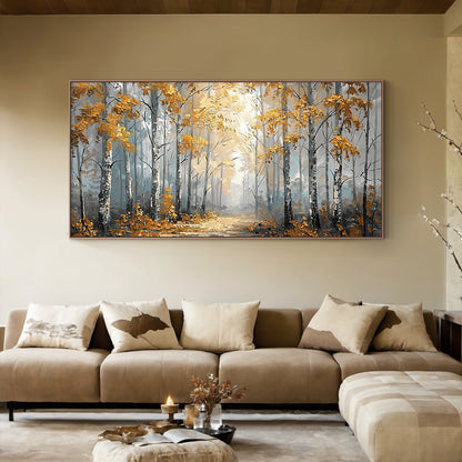 Impasto knife stroke autumn birch forest landscape canvas wall art, thick textured oil painting showcasing warm panoramic golden fall forest view, pale gray birch trunks with natural dark wood grain standing along the winding path, rich burnt sienna fallen leaf layers paving the forest trail, soft slanted golden sunbeams piercing the hazy tree crowns, dappled light patches drifting across the leaf carpet stretching to the hazy distant tree line, warm rustic wabi-sabi vibe perfect for Japandi, Scandinavian, 