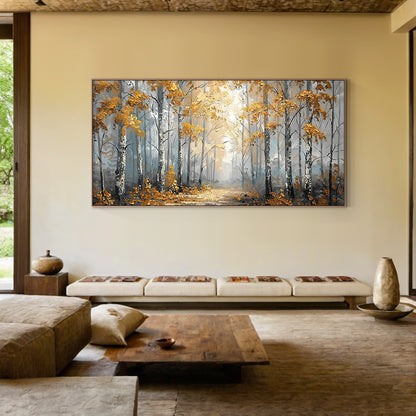 Impasto knife stroke autumn birch forest landscape canvas wall art, thick textured oil painting highlighting vivid close-up golden fall foliage texture, pale gray birch trunks with natural dark wood grain, rich earthy brown fallen leaf details covering the winding forest path, warm slanted golden sunbeams filtering through the misty tree canopy, dappled light spots scattered on the leaf-carpeted ground extending to the hazy distant tree line, cozy wabi-sabi aesthetic suited for Japandi, Scandinavian, minima