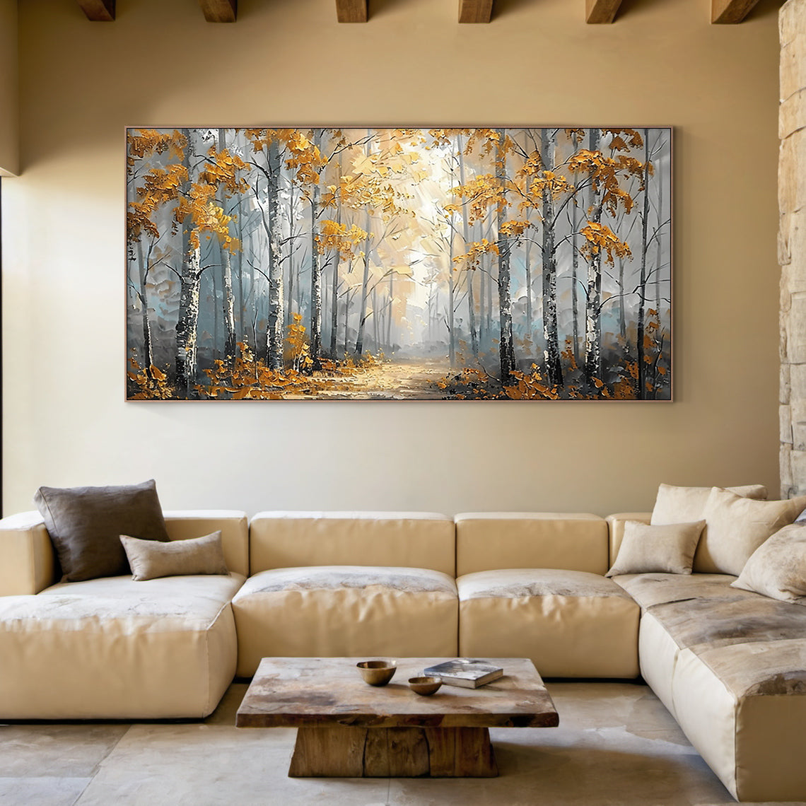 Impasto knife stroke autumn birch forest landscape canvas wall art, thick textured oil painting featuring golden yellow fall foliage, gray birch trunks with dark grain, earthy brown forest floor details, warm sunbeams filtering through misty woodland, a leaf-covered winding path extending into the hazy distant tree line, soft wabi-sabi aesthetic suited for Japandi, Scandinavian, minimalist home interior decor.