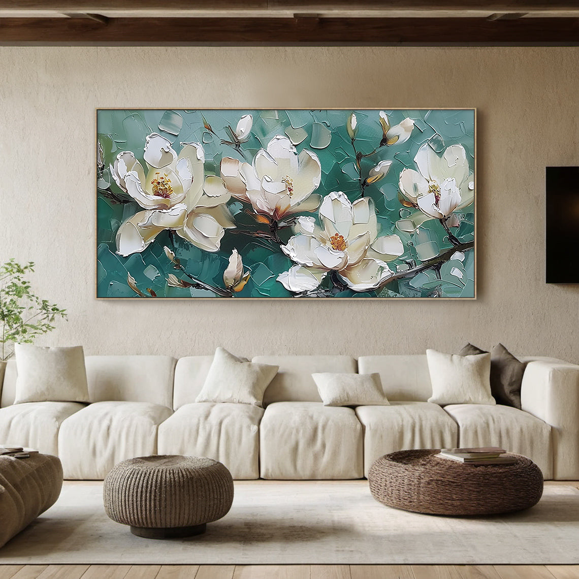 Horizontal textured palette knife magnolia oil painting, creamy white fully bloomed magnolias with warm yellow-orange stamens, plump half-open buds and slender dark branches against layered muted sage green blocky impasto background, modern Japandi wabi-sabi green white floral wall art hung on beige dining room accent wall for cozy neutral home decor artwork.