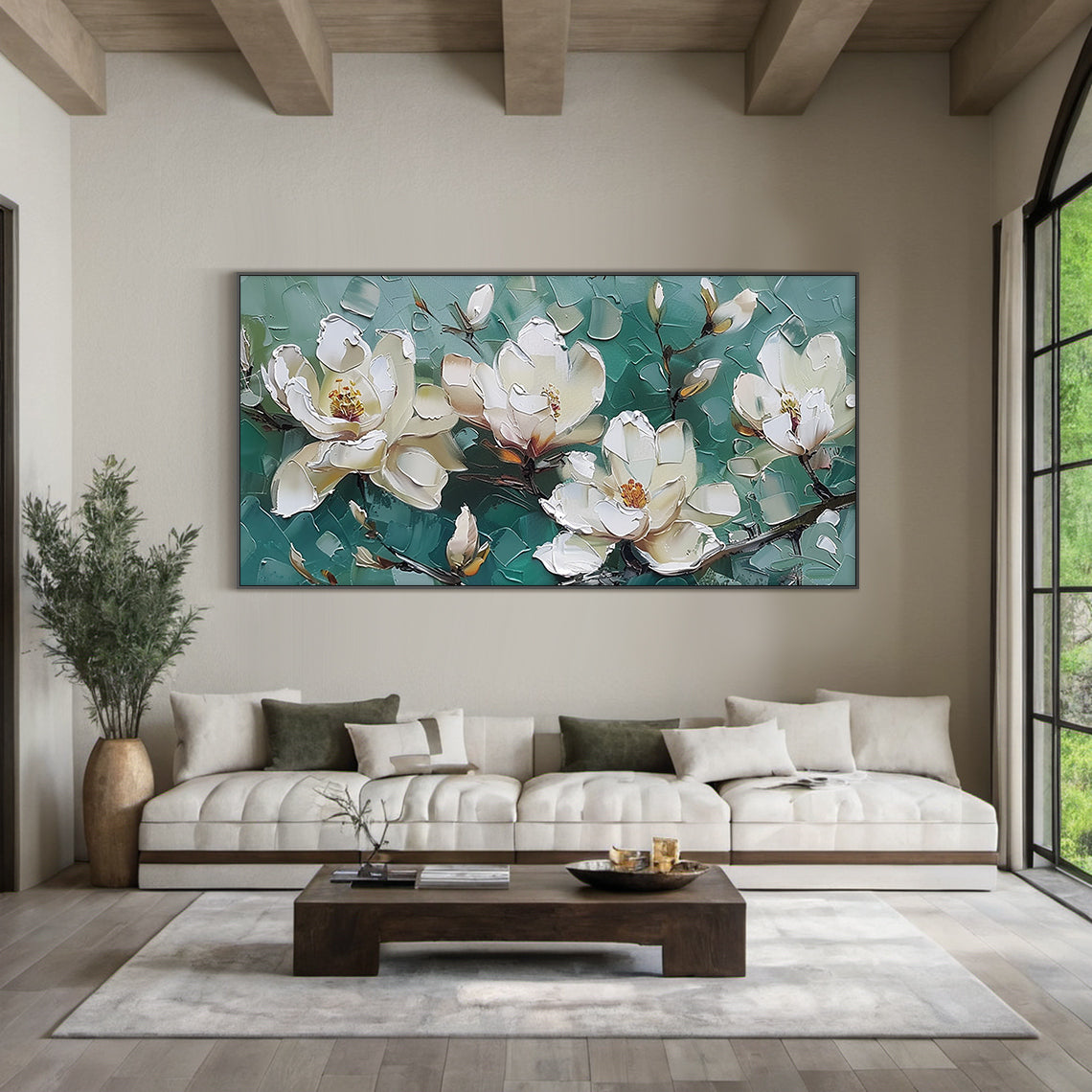 Horizontal textured palette knife magnolia oil painting, creamy white fully bloomed magnolias with warm yellow-orange stamens, half-open buds and dark thin branches against layered muted green blocky impasto background, modern Japandi wabi-sabi green white floral landscape wall decor artwork.