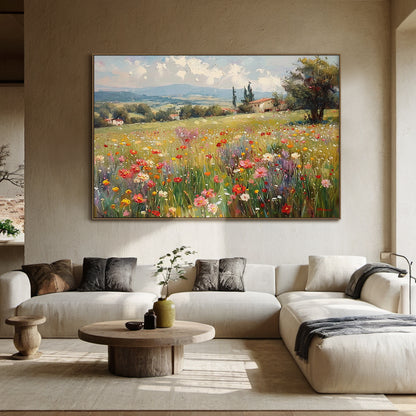 Impressionist impasto landscape canvas wall art, this display shot showcases the artwork's vivid color performance and real home hanging effect at the same time: the foreground thickly painted wildflower meadow has highly textured green stems, vibrant yellow, red, pink, white, purple blooms with obvious raised impasto traces that look nearly touchable. The middle ground features rolling sun-dappled South European countryside slopes, interspersed with idyllic red-roofed rural farmhouses, tall cypresses and l
