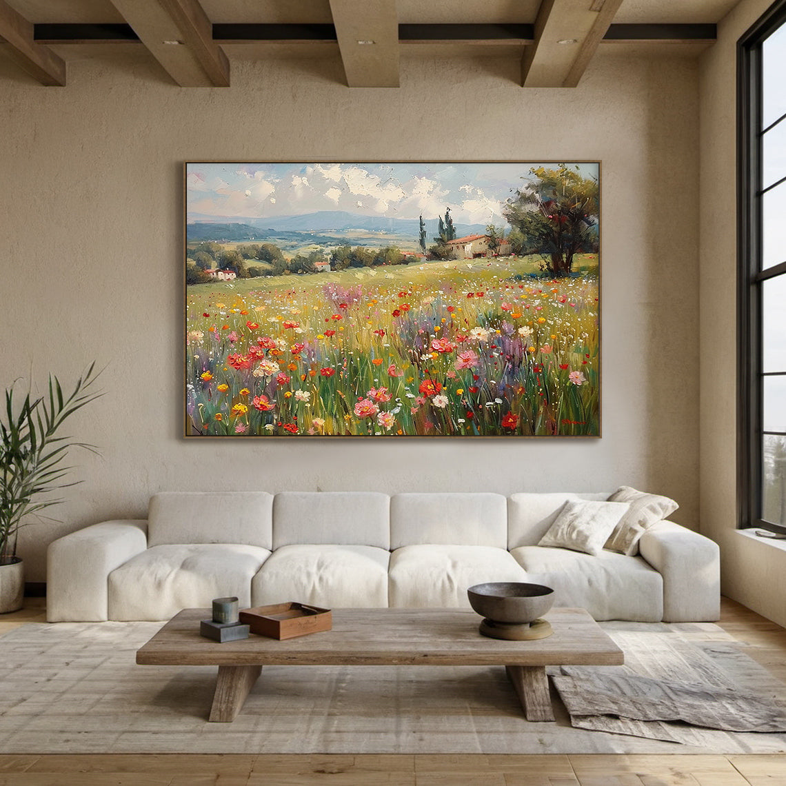 Impressionist impasto landscape canvas wall art, this display shot highlights both the artwork's rich tactile details and its actual hanging effect: the foreground thickly painted wildflower meadow has highly textured green stems, vibrant yellow, red, pink, white, purple blooms with obvious raised impasto traces that look nearly touchable. The middle ground features rolling sun-dappled South European countryside slopes, interspersed with idyllic red-roofed rural farmhouses, tall cypresses and lush broadleaf
