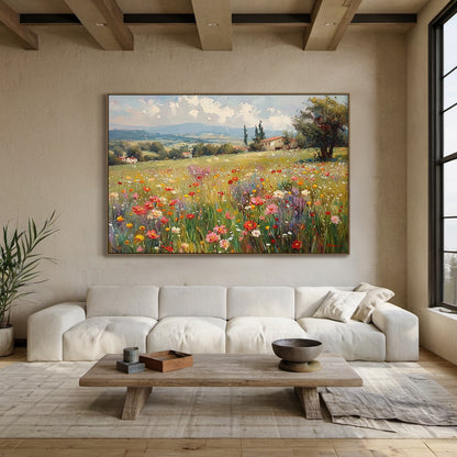 Impressionist impasto landscape canvas wall art, this display shot highlights both the artwork's rich tactile details and its actual hanging effect: the foreground thickly painted wildflower meadow has highly textured green stems, vibrant yellow, red, pink, white, purple blooms with obvious raised impasto traces that look nearly touchable. The middle ground features rolling sun-dappled South European countryside slopes, interspersed with idyllic red-roofed rural farmhouses, tall cypresses and lush broadleaf