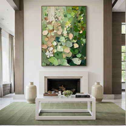 AURA163 Impasto Abstract Painting with thick textured layers of multi-tonal greens (olive, deep forest, light green), warm brown, beige, white, and subtle red accents. Abstract natural plant-inspired forms, hanging as a focal point in a minimalist bedroom above a neutral-toned linen bed, beside a wooden nightstand with a warm yellow table lamp. Ideal for minimalist, boho, or modern interiors, adding tactile depth and nature-inspired warmth to any space. This general abstract wall art features bold impasto s
