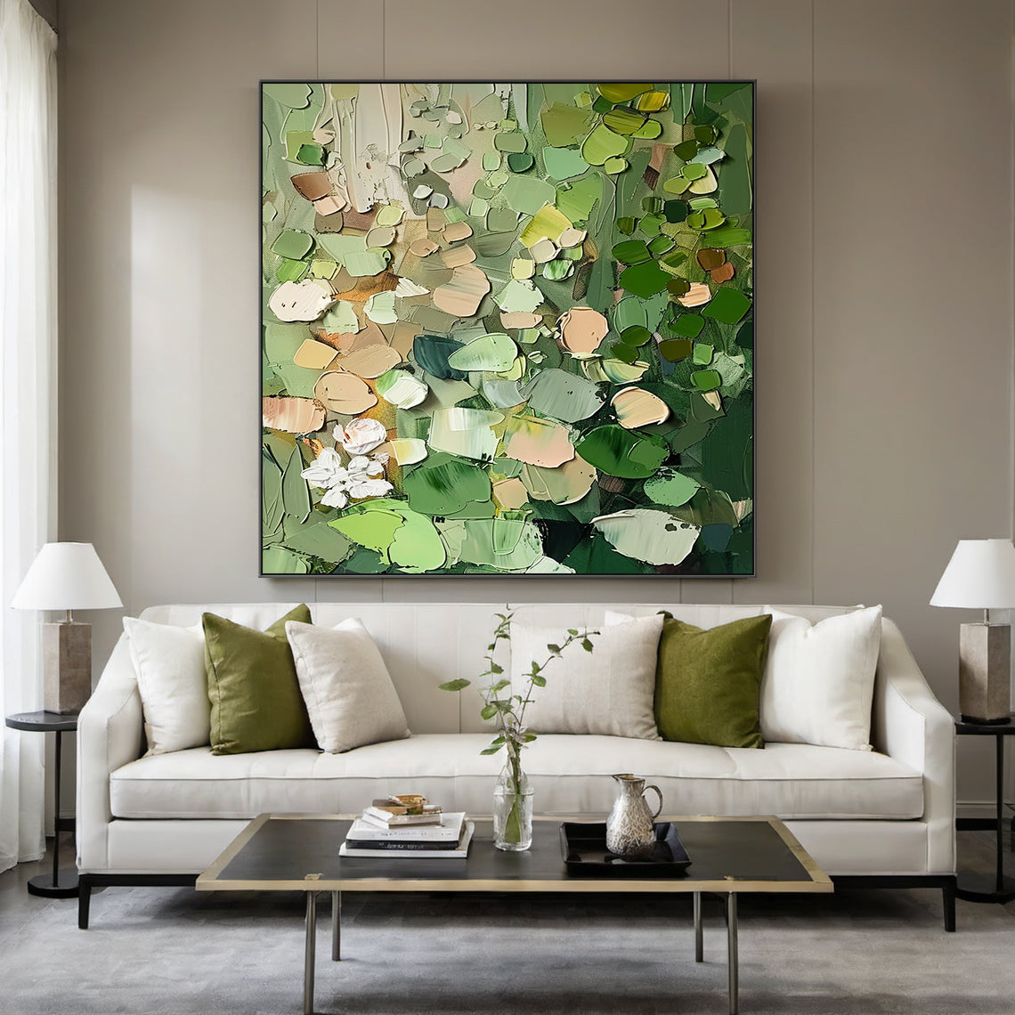 AURA163 Impasto Abstract Painting with thick textured layers of multi-tonal greens (olive, deep forest, light green), warm brown, beige, white, and subtle red accents. Abstract natural plant-inspired forms, hanging as a statement piece in a modern living room above a curved green sofa, complementing contemporary home decor. Ideal for minimalist, boho, or modern interiors, adding tactile depth and nature-inspired warmth to any space. This general abstract wall art features bold impasto strokes that catch lig