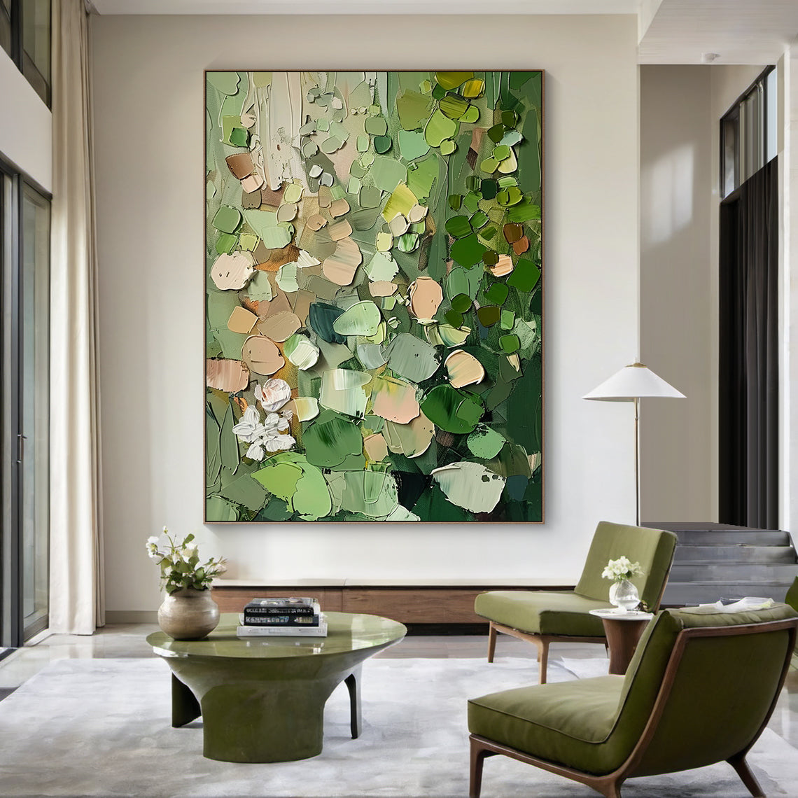 AURA163 Impasto Abstract Painting with thick textured layers of multi-tonal greens (olive, deep forest, light green), warm brown, beige, white, and subtle red accents. Abstract natural plant-inspired forms, hanging as a statement piece in a modern living room above a curved green sofa, complementing contemporary home decor. Ideal for minimalist, boho, or modern interiors, adding tactile depth and nature-inspired warmth to any space. This general abstract wall art features bold impasto strokes that catch lig