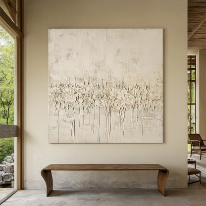 Vertical Wabi Sabi Abstract Art (AURA205) with 3D tactile plaster texture—thick impasto strokes, natural drips, and rough organic texture in neutral beige, off-white, and light brown tones. Displayed in a cozy bohemian bedroom with macramé wall hanging, rattan bed frame, and soft linen bedding, embodying the serene, organic Wabi Sabi aesthetics.