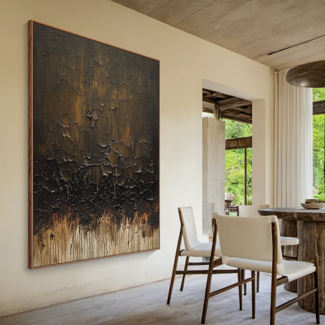 Wabi Sabi Abstract Art with Crackle Texture, Impasto & Drip Details (AURA215) - Earthy Browns, Charcoal Black & Light Beige with Soft Pink Undertones. Horizontal Statement Piece for Minimalist Living Room Above Rattan Coffee Table, Bohemian Bedroom Nook with Hanging Plants or Scandinavian Home Office Near Window Sill. Tactile 3D Canvas Celebrating Wabi Sabi Imperfection & Serene Organic Vibe. Ideal for Complementing Natural Rattan Furniture & Warm Neutral Interiors.