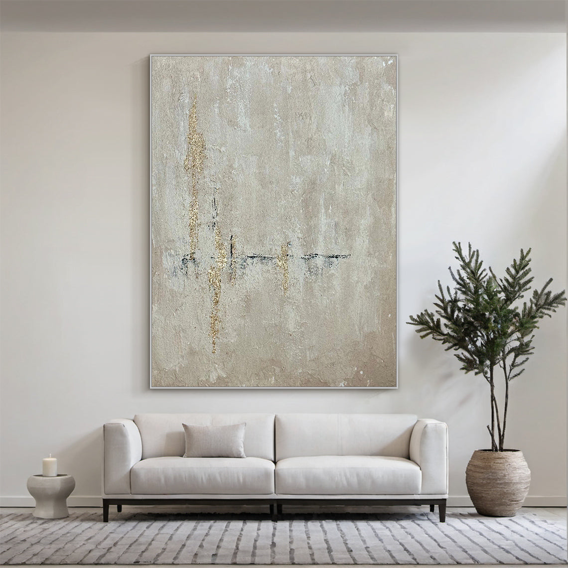 AURA226 Beige Wabi Sabi Abstract Wall Art with Gold Accents in Brown Frame - Textured muted beige base with organic hand-applied gold leaf strokes. Displayed in cozy bedroom above a low-profile wooden bed, complementing soft linen bedding in warm neutrals and a woven rattan side table. Ideal focal point for living room, bedroom, or office minimalist/boho home decor. Captures wabi sabi’s imperfection and serene simplicity, adding understated luxury to tranquil bedroom spaces.