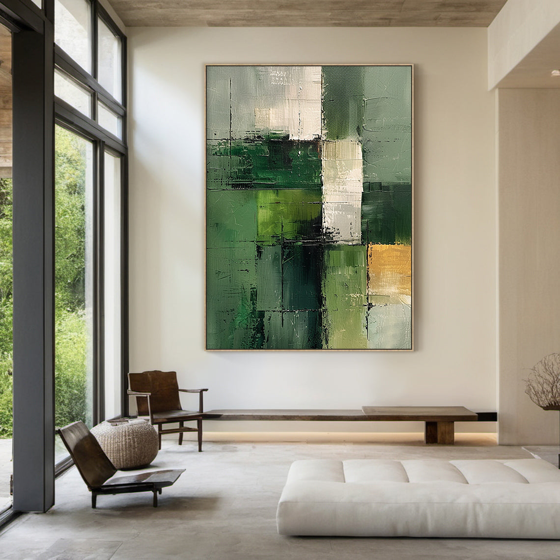 Wabi Sabi Abstract Geometric Canvas Wall Art: Hand-applied textured brushstrokes in shades of green (olive, sage, forest), cream, and gold accents. Rough, raised tactile surface with cross grid lines, ideal for minimalist living room, bedroom, or entryway decor. Complements neutral earthy interiors, adding calm organic charm and dynamic depth as light catches the textured details. Slim black frame included, enhancing the natural, imperfect beauty of the piece. Suitable for those seeking nature-inspired sere
