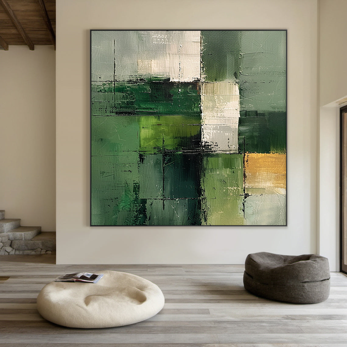 Wabi Sabi Abstract Geometric Canvas Wall Art in Minimalist Living Room Scene: Hand-applied textured brushstrokes in olive, sage, forest green, cream, and gold accents. Rough raised tactile surface with cross grid lines, displayed above a light wood coffee table with a potted succulent. Warm ambient light from a floor lamp highlights the raised texture and gold details, adding dynamic depth and calm organic charm. Slim black frame complements the neutral earthy living room decor (beige sofa, jute rug), empha