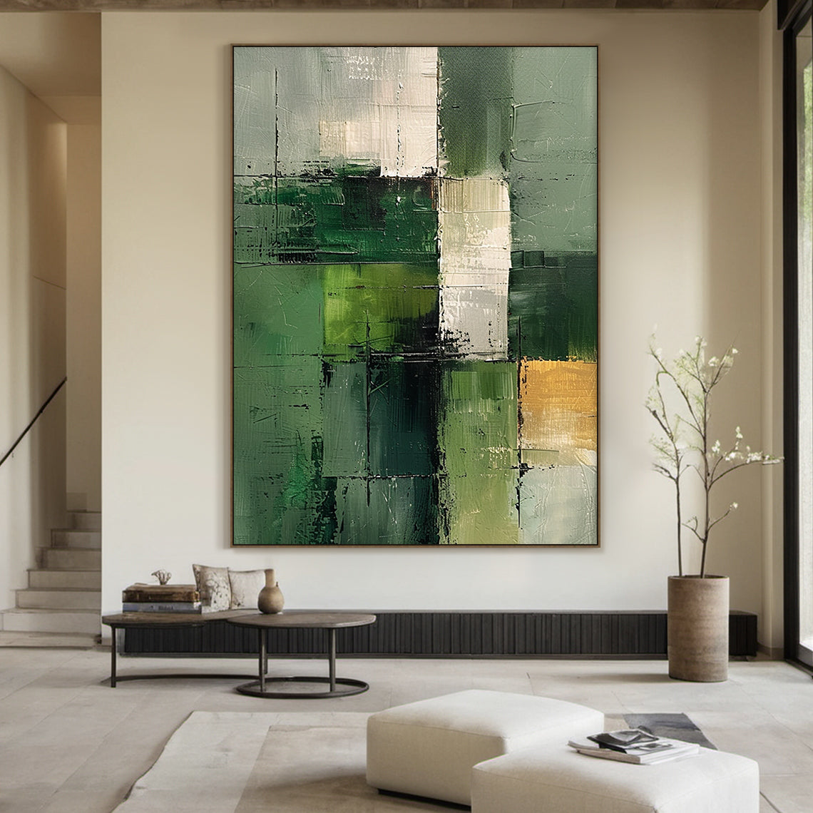 Wabi Sabi Abstract Geometric Canvas Wall Art in Minimalist Living Room Scene: Hand-applied textured brushstrokes in olive, sage, forest green, cream, and gold accents. Rough raised tactile surface with cross grid lines, displayed above a light wood coffee table with a potted succulent. Warm ambient light from a floor lamp highlights the raised texture and gold details, adding dynamic depth and calm organic charm. Slim black frame complements the neutral earthy living room decor (beige sofa, jute rug), empha