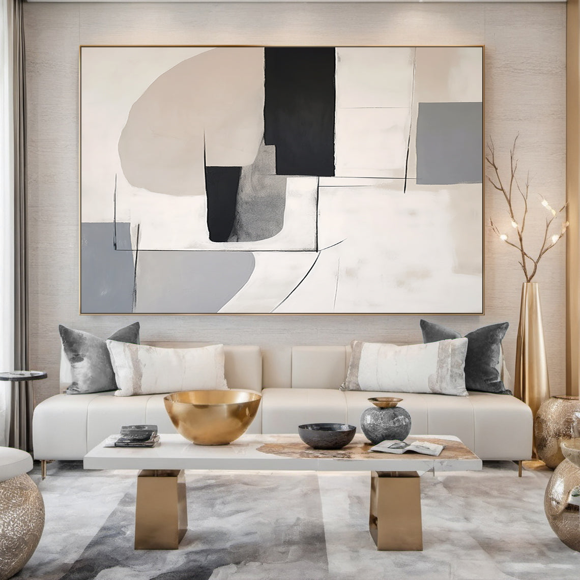 Modern Wabi Sabi abstract geometric wall art with monochrome black, white, gray blocks and subtle pink accents, framed in slim black metal. Displayed in a calm bedroom setting with a low-profile wooden bed, soft linen bedding, minimalist nightstand holding a small potted succulent, and gentle natural light filtering through sheer curtains—perfect for adding a tranquil, contemporary touch to minimalist bedroom decor.