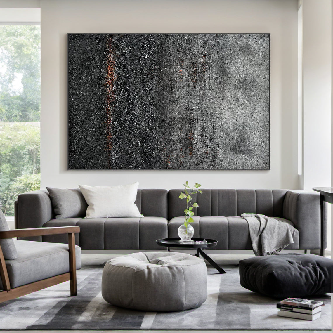 Wabi Sabi Abstract Impasto Canvas Art - Thick Tactile Charcoal Gray & Black Base with Soft Warm Terracotta Undertones. Displayed in Modern Minimalist Living Room Above Black Console Table, Complementing Neutral Japandi Decor & Gray Seating. Ideal for Serene Organic Interior Spaces Seeking Timeless, Textured Wall Accents.