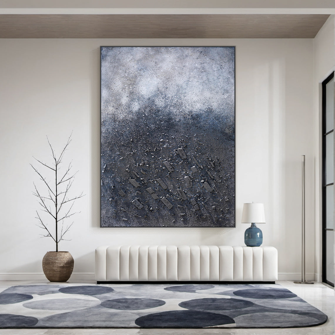 Wabi Sabi Abstract Plaster Textured High-Relief Canvas Art (AURA218) | Gray-Blue Gradient with Subtle Pink Accents | Ideal for Wabi-Sabi Style Dining Room Focal Wall, Modern Nordic Entryway Decor, or Minimalist Study Desk Backdrop. Boasts rough organic texture (thick paint mixed with gravel) for a tactile, naturally imperfect feel, harmonizing with contemporary rustic and minimalist interiors.