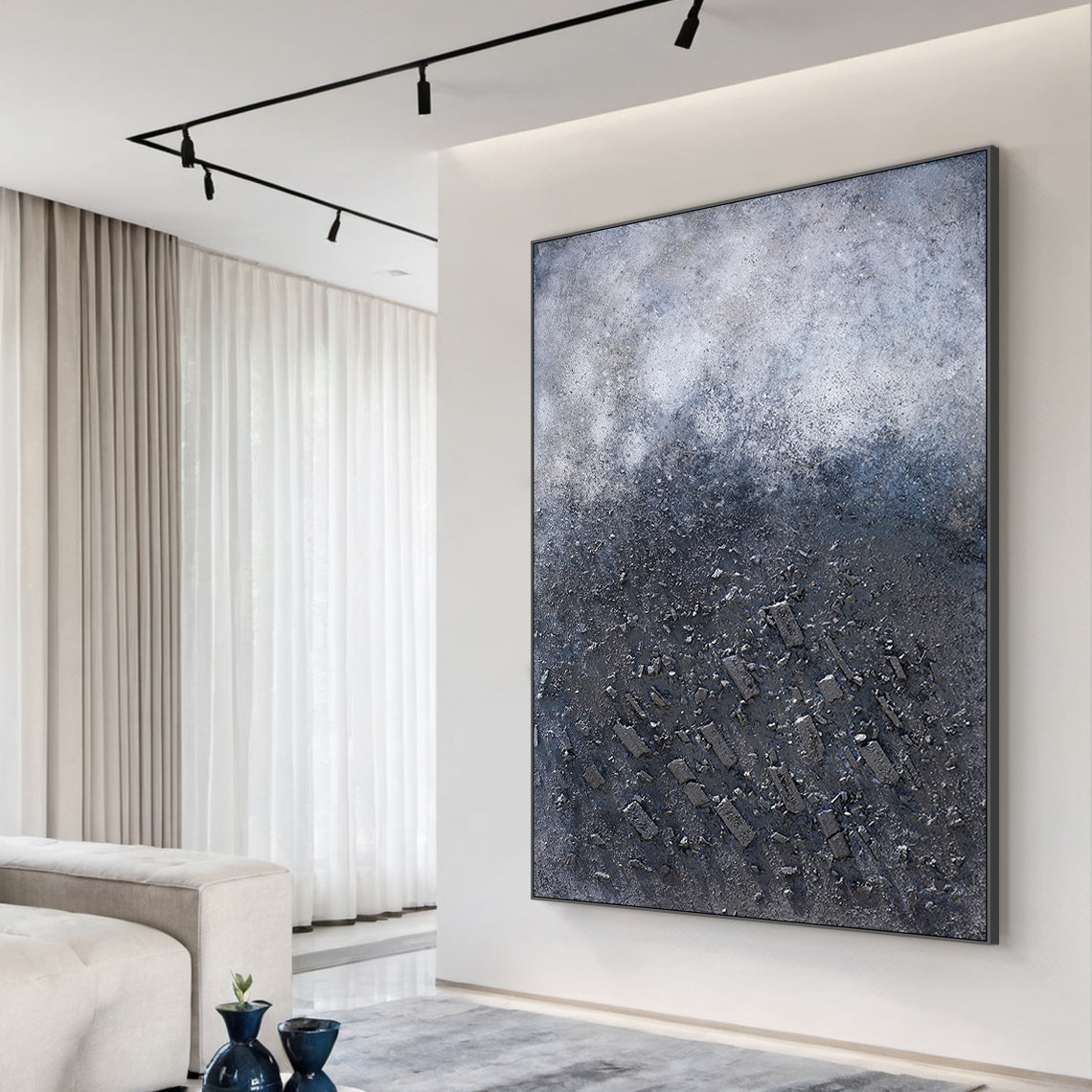 Wabi Sabi Abstract Plaster Textured High-Relief Canvas Art (AURA218) | Gray-Blue Gradient with Subtle Pink Accents | Ideal for Wabi-Sabi Style Living Room Sofa Backdrop, Japanese Tea Room Corner Decor, or Minimalist Bedroom Headboard Wall Accent. Boasts rough organic texture (thick paint mixed with gravel) for a tactile, naturally imperfect feel, harmonizing with contemporary rustic and minimalist interiors.