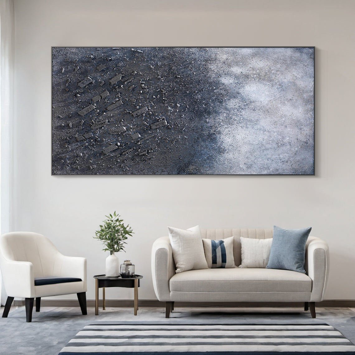 Wabi Sabi Abstract Plaster Textured High-Relief Canvas Art (AURA218) | Gray-Blue Gradient with Subtle Pink Accents | Ideal for Wabi-Sabi Style Living Room Sofa Backdrop, Japanese Tea Room Corner Decor, or Minimalist Bedroom Headboard Wall Accent. Boasts rough organic texture (thick paint mixed with gravel) for a tactile, naturally imperfect feel, harmonizing with contemporary rustic and minimalist interiors.