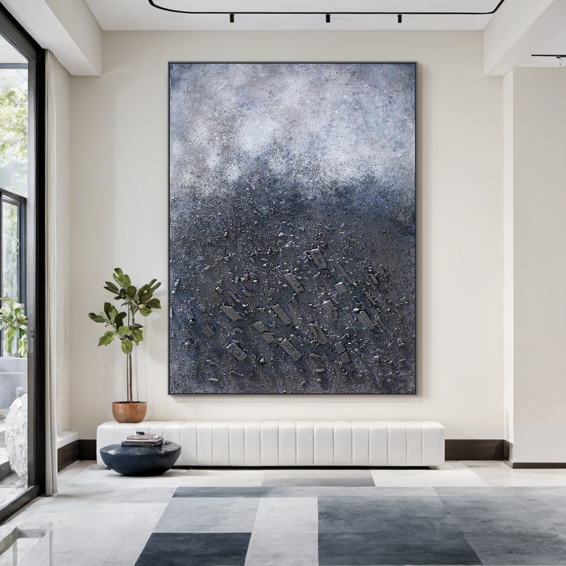 Wabi Sabi Abstract Plaster Textured High-Relief Canvas Art (AURA218) | Gray-Blue Gradient with Subtle Pink Accents | Perfect for Japandi Living Room Wall Decor, Minimalist Bedroom Focal Point, or Neutral Console Table Gallery Wall Centerpiece. Features rough organic texture (thick paint, mixed gravel) for a tactile, natural imperfection vibe, complementing modern rustic interiors.