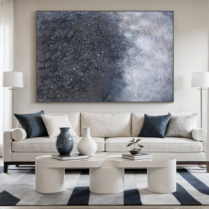 Wabi Sabi Abstract Plaster Textured High-Relief Canvas Art (AURA218) | Gray-Blue Gradient with Subtle Pink Accents | Perfect for Japandi Living Room Wall Decor, Minimalist Bedroom Focal Point, or Neutral Console Table Gallery Wall Centerpiece. Features rough organic texture (thick paint, mixed gravel) for a tactile, natural imperfection vibe, complementing modern rustic interiors.