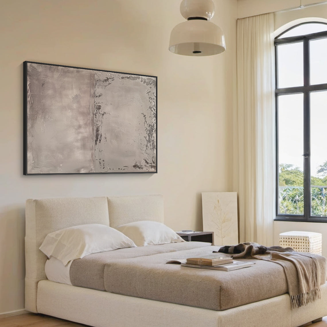 Wabi Sabi Abstract Tactile Impasto Gray Wall Art with Muted Pink Undertones & Distressed Surface (AURA191) - A warm focal point in a cozy bohemian bedroom. Features layered impasto texture, weathered patterns, soft silvery grays to deep charcoal, subtle pink hints. Displayed above a warm wooden bed frame with beige linen bedding, complementing woven macramé wall hangings, a potted fiddle leaf fig in the corner, and soft ambient light from a ceramic table lamp. Ideal for bohemian, organic home decor.