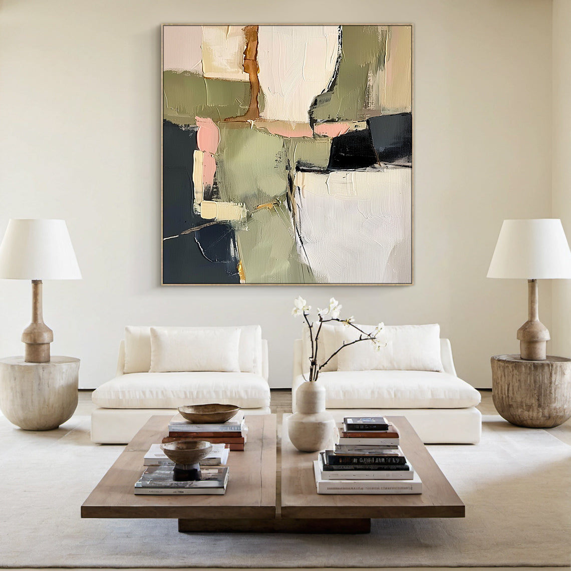 AURA162 Wabi Sabi Abstract Wall Art - Textured Canvas Painting with Earthy Greens, Creamy Neutrals, Soft Low-Saturation Pink & Dark Gray/Black Accents. Thick Impasto Brushstrokes for Handmade Irregular Block Texture. Ideal for Sunlit Reading Corner, Rustic Dining Area Accent Wall or Bohemian Home Office Decor. Fits Wabi Sabi Interior Design & Natural-Toned Home Spaces.