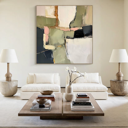 AURA162 Wabi Sabi Abstract Wall Art - Textured Canvas Painting with Earthy Greens, Creamy Neutrals, Soft Low-Saturation Pink & Dark Gray/Black Accents. Thick Impasto Brushstrokes for Handmade Irregular Block Texture. Ideal for Sunlit Reading Corner, Rustic Dining Area Accent Wall or Bohemian Home Office Decor. Fits Wabi Sabi Interior Design & Natural-Toned Home Spaces.