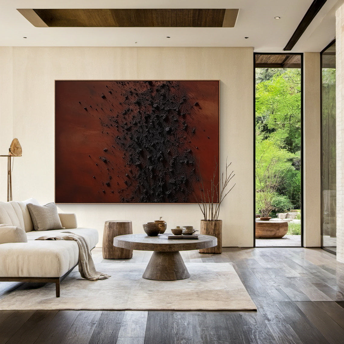 Wabi Sabi Handcrafted Textured Abstract Wall Art in Deep Red & Charcoal Black. High-Relief Plaster Surface with Organic Imperfections, Perfect for Serene Minimalist Bedrooms, Japandi Decor, or Cozy Home Nooks. Displayed Above Light Gray Bed Headboard in a Wabi Sabi Style Bedroom with Wooden Nightstands & Warm Glow Table Lamps. Ideal for Infusing Tactile Depth to Japandi Bedrooms or Minimalist Reading Corners, Embodying Wabi Sabi’s Celebration of Imperfect Beauty.