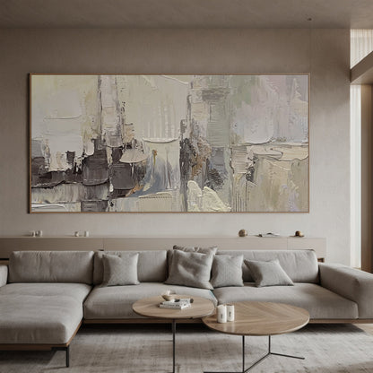 Wabi Sabi Abstract Textured Wall Art - Hand-applied impasto acrylic paint with thick, organic brushstrokes and palette knife texture. Neutral tones (beige, soft gray, off-white) with subtle pink accents, framed in natural wood. Ideal for living room, bedroom, or minimalist/bohemian/Scandinavian decor. Raised texture interacts with light—sunlight highlights brushstrokes, lamplight creates cozy ambiance. Ready to hang with pre-installed kit.