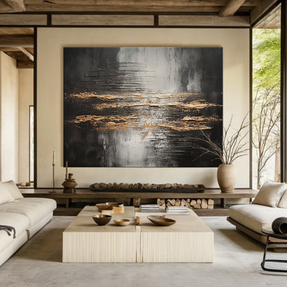 Wabi Sabi Abstract Impasto Wall Art with Thick Tactile Cracked Surface - Vertical Canvas Above Light Wood Platform Bed in Calm Japandi Bedroom. Black Gray White Base with Flowing Gold Accents, Handcrafted Imperfect Texture for Minimalist or Organic Modern Decor. Aura190 Artwork Focal Point for Serene Neutral Bedroom Space.
