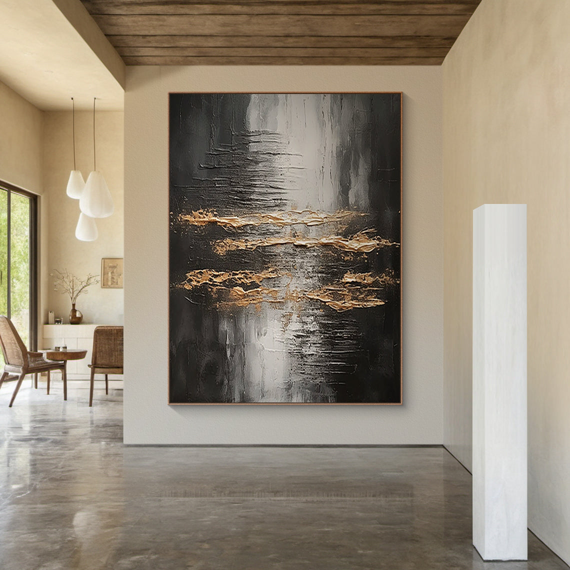 Wabi Sabi Abstract Impasto Wall Art with Thick Tactile Cracked Surface - Vertical Canvas Above Light Wood Platform Bed in Calm Japandi Bedroom. Black Gray White Base with Flowing Gold Accents, Handcrafted Imperfect Texture for Minimalist or Organic Modern Decor. Aura190 Artwork Focal Point for Serene Neutral Bedroom Space.