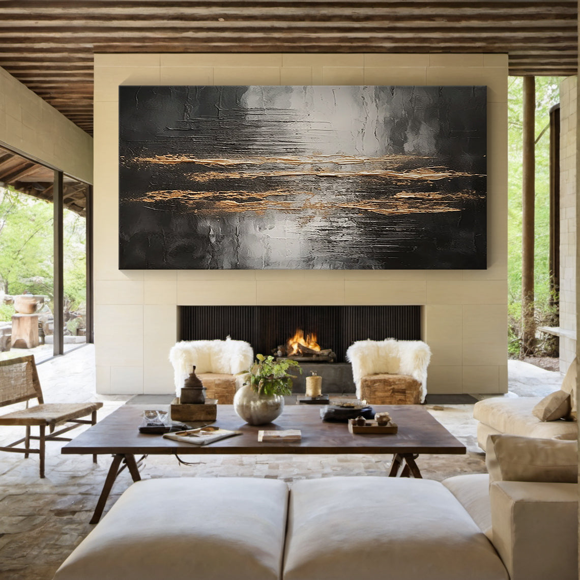 Wabi Sabi Abstract Impasto Wall Art with Thick Tactile Cracked Surface - Horizontal Canvas Above Beige Linen Sofa in Bright Japandi Living Room. Black Gray White Base with Flowing Gold Accents, Handcrafted Imperfect Texture for Minimalist or Organic Modern Decor. Aura190 Artwork Focal Point for Warm Neutral Living Space.