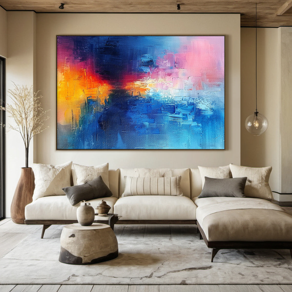 Wabi Sabi abstract oil painting with thick impasto texture—soft pink (upper right & middle accents), deep blue (left side & bottom corner), warm orange-yellow (center focal point). Handcrafted rough brushstrokes, natural color blending, ideal for modern living room wall decor, bedroom abstract art, or minimalist home interior. Hanging in a sunlit corner with a woven rug and potted fiddle-leaf fig, adding a warm and tranquil vibe to the space.