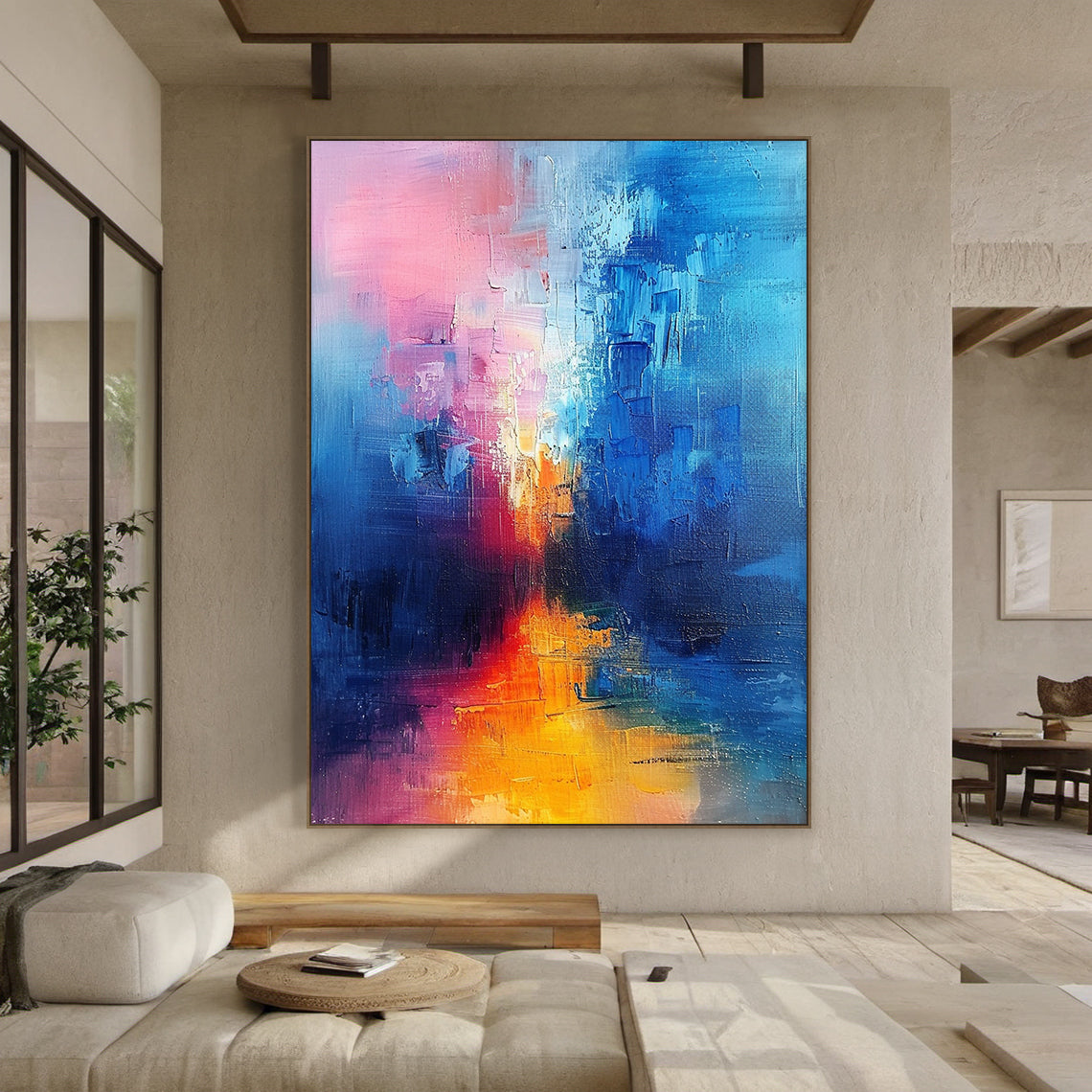 Wabi Sabi abstract oil painting with thick impasto texture—soft pink (upper right & middle accents), deep blue (left side & bottom corner), warm orange-yellow (center focal point). Handcrafted rough brushstrokes, natural color blending, ideal for modern living room wall decor, bedroom abstract art, or minimalist home interior. Hanging in a sunlit corner with a woven rug and potted fiddle-leaf fig, adding a warm and tranquil vibe to the space.