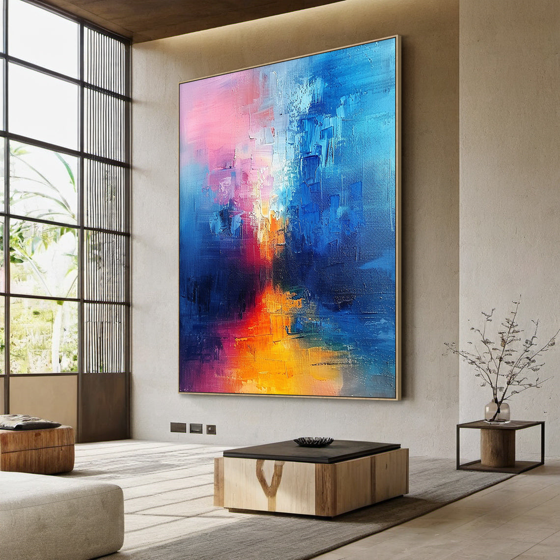Wabi Sabi abstract oil painting with thick impasto texture—soft lavender (upper left & edge accents), rich teal (right side & lower area), warm terracotta (center focal point). Handcrafted rough brushstrokes, natural color blending, ideal for modern living room wall decor, bedroom abstract art, or minimalist home interior. Hanging above a wooden console table with a ceramic vase of dried pampas grass and a small linen-shade table lamp, adding a serene and earthy vibe to the space.