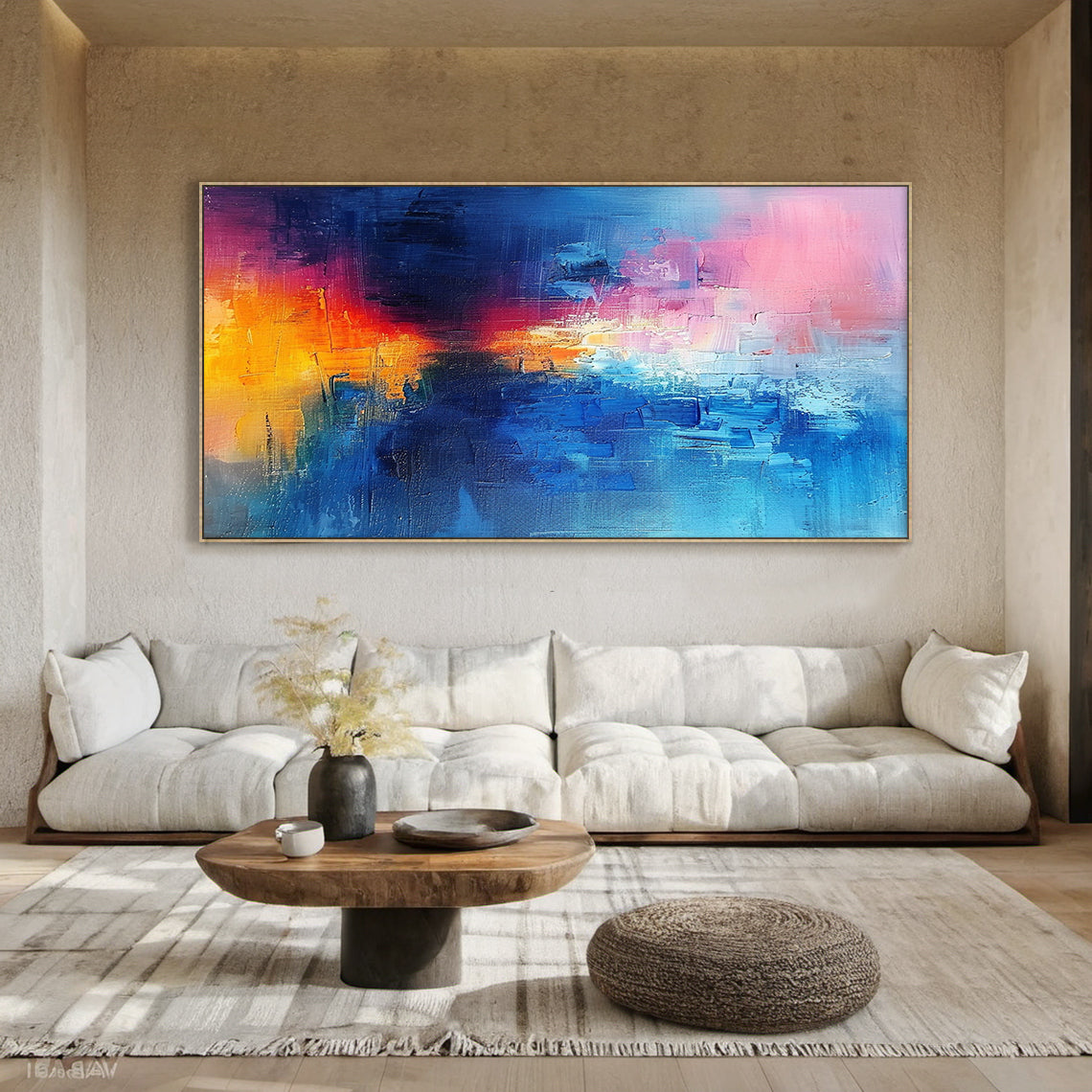 Wabi Sabi abstract oil painting with thick impasto texture—soft pink (top left & bottom edge), deep blue (right & lower areas), warm orange-yellow (middle transition). Handcrafted rough brushstrokes, natural color blending, ideal for modern living room wall decor, bedroom abstract art, or minimalist home interior. Hanging in a neutral-toned space with contemporary furniture, adding a serene and warm vibe to the room.