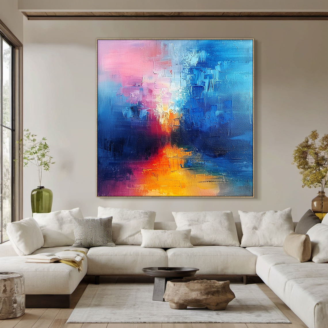 Wabi Sabi abstract oil painting with thick impasto texture—soft pink (top left & bottom edge), deep blue (right & lower areas), warm orange-yellow (middle transition). Handcrafted rough brushstrokes, natural color blending, ideal for modern living room wall decor, bedroom abstract art, or minimalist home interior. Hanging in a neutral-toned space with contemporary furniture, adding a serene and warm vibe to the room.