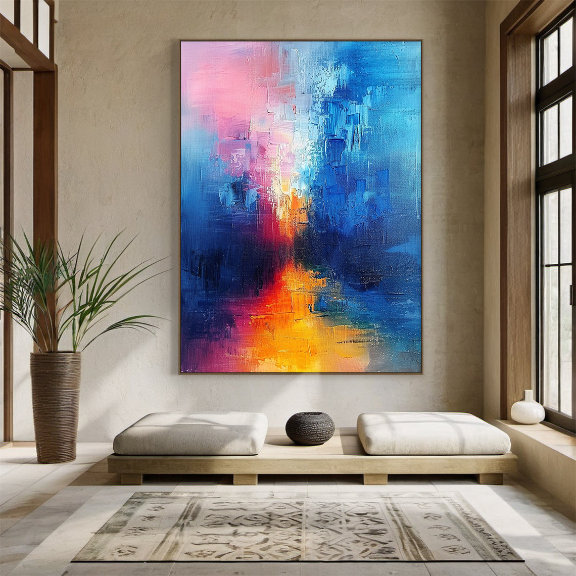 Wabi Sabi abstract oil painting with thick impasto texture—soft pink (top left & bottom edge), deep blue (right & lower areas), warm orange-yellow (middle transition). Handcrafted rough brushstrokes, natural color blending, ideal for modern living room wall decor, bedroom abstract art, or minimalist home interior. Hanging in a neutral-toned space with contemporary furniture, adding a serene and warm vibe to the room.