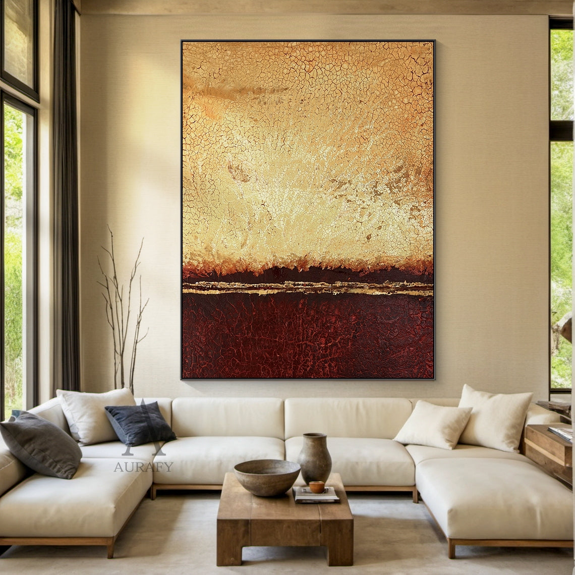 Wabi-Sabi Abstract Yellow Red Wall Art (AURA405) Close-up Styled Display Version, with crackled vintage 3D texture, upper warm golden yellow gradient section, lower rich earthy red area, thin horizontal luminous gold accent line dividing the two color blocks, abstract expressionist style without figurative patterns, aged natural patina visual effect, presenting its fine texture and color presentation effect when matched with neutral and dark-toned interior decor, ideal for Japandi, minimalist, wabi-sabi, co