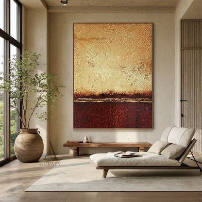 Wabi-Sabi Abstract Yellow Red Wall Art (AURA405) Real Installation Scene Version, with crackled vintage 3D texture, upper warm golden yellow gradient section, lower rich earthy red area, thin horizontal luminous gold accent line dividing the two color blocks, abstract expressionist style without figurative patterns, aged natural patina visual effect, showing actual matching effect with light-toned home furnishings, ideal for Japandi, minimalist, contemporary residential and commercial space decoration.