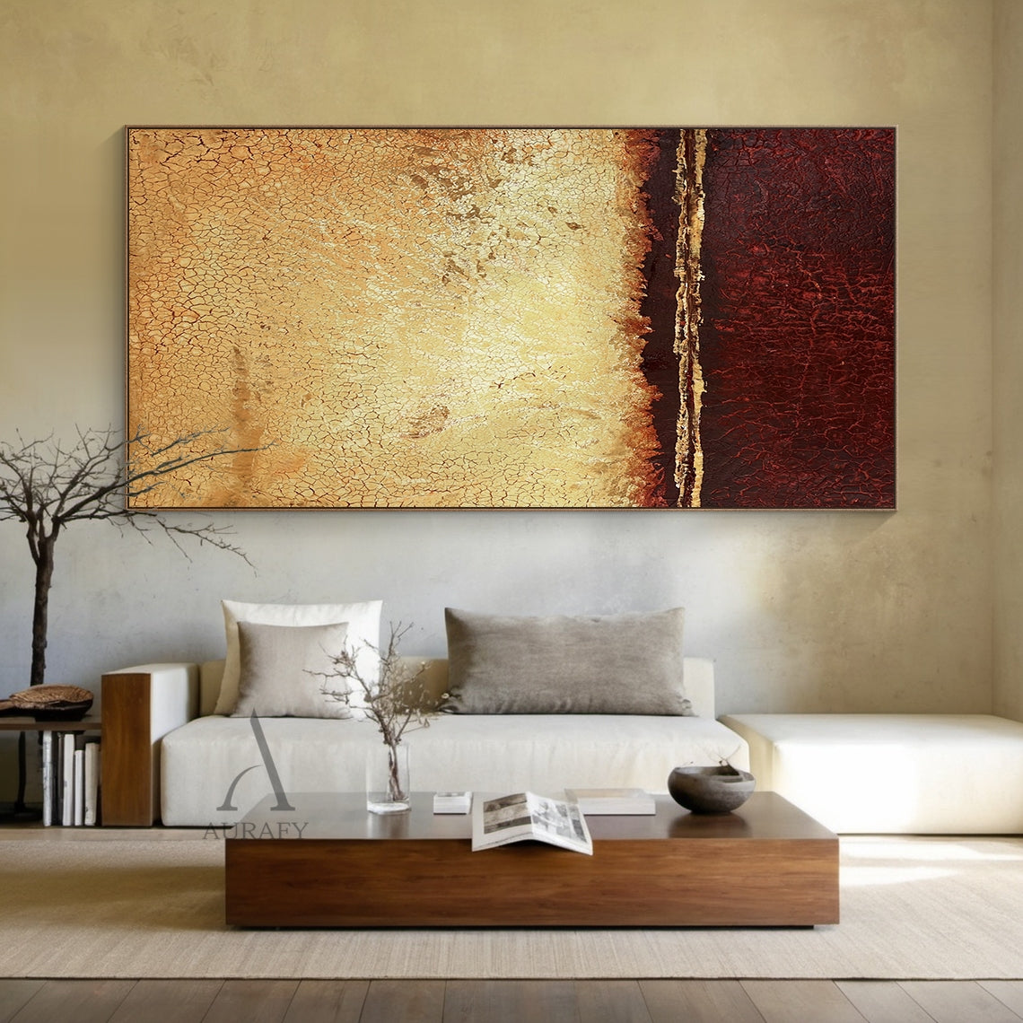 Wabi-Sabi Abstract Yellow Red Wall Art (AURA405) with crackled vintage 3D texture, upper warm golden yellow gradient section, lower rich earthy red area, thin horizontal luminous gold accent line dividing the two color blocks, abstract expressionist style without figurative patterns, aged natural patina visual effect, ideal for Japandi, minimalist, contemporary residential and commercial space decoration.