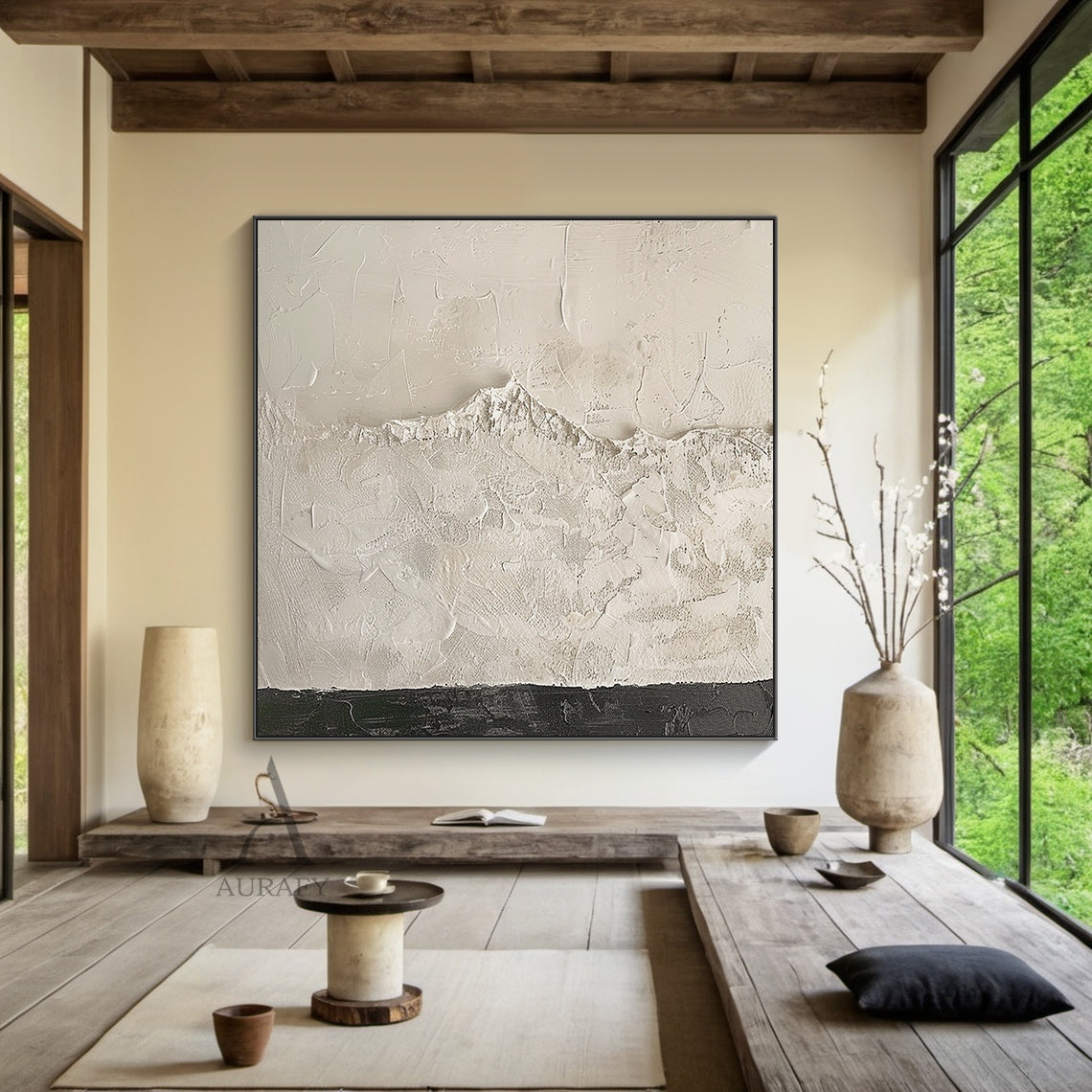 Beige wabi-sabi abstract textured canvas wall art, handcrafted with heavy impasto knife painting technique. The artwork is dominated by soft warm off-white and light beige tones, with smooth scraped impasto texture on the upper section, rough granular mountain-like raised texture in the middle that faintly reveals canvas grid, and a narrow deep charcoal textured band at the bottom to balance the visual weight. It is a minimalist Japandi style abstract piece suitable for neutral home interior decoration.