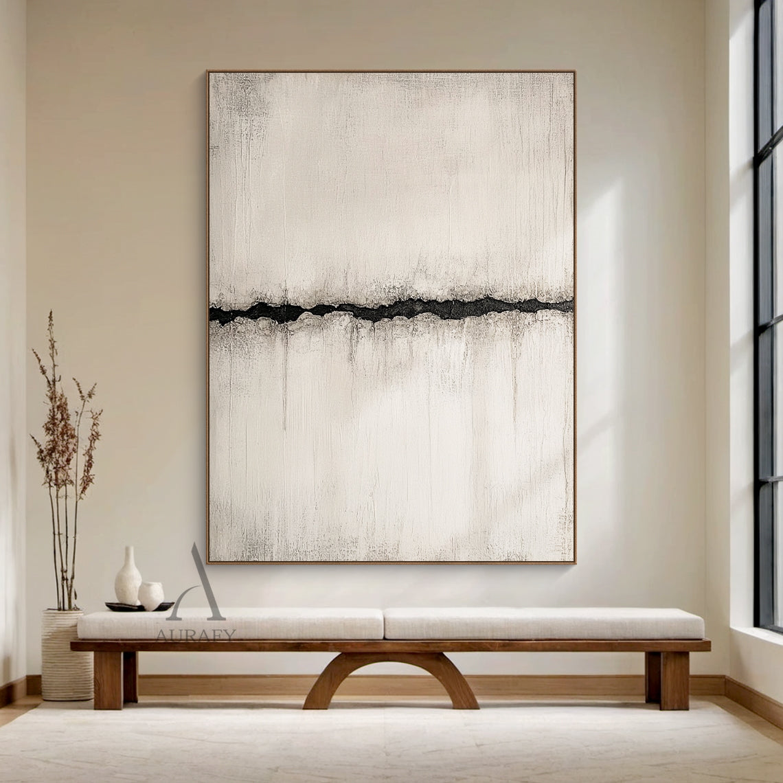 Wabi Sabi beige abstract textured canvas wall art in real home scene display, features muted warm off-white plaster-like base with vertical rough brush stroke impasto texture and subtle distressed weathered finish, a single irregular jagged deep black fissure with faded charcoal grey smudged edges runs horizontally across the center, minimalist Japandi style neutral abstract wall decor perfect for matching wabi sabi, Japandi, minimalist, quiet luxury interior spaces.