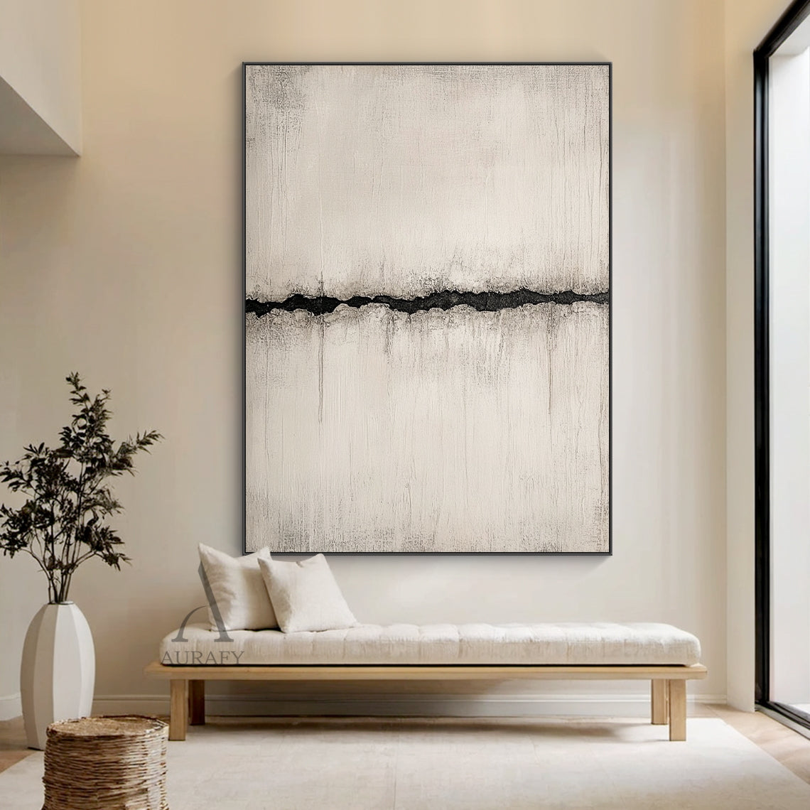 Wabi Sabi beige abstract textured canvas wall art, features muted warm off-white plaster-like base with vertical rough brush stroke impasto texture and subtle distressed weathered finish, a single irregular jagged deep black fissure with faded charcoal grey smudged edges runs horizontally across the center, minimalist Japandi style neutral abstract wall decor for wabi sabi, Japandi, minimalist, quiet luxury interior spaces.