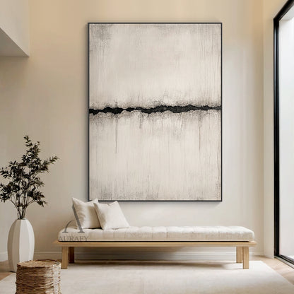 Wabi Sabi beige abstract textured canvas wall art, features muted warm off-white plaster-like base with vertical rough brush stroke impasto texture and subtle distressed weathered finish, a single irregular jagged deep black fissure with faded charcoal grey smudged edges runs horizontally across the center, minimalist Japandi style neutral abstract wall decor for wabi sabi, Japandi, minimalist, quiet luxury interior spaces.