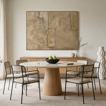 Wabi-sabi beige abstract impasto canvas wall art (AURA736) scene display, features warm muted earthy beige palette covering off-white, pale sand, warm tan and deep taupe, rough irregular blocky composition with dark gap edges mimicking weathered aged plaster or rammed earth, full thick hand-applied textured surface with paint stacking and scratch details, presented hung on a soft white interior wall to intuitively show its decorative effect for Japandi, minimalist, quiet luxury home interior decor.