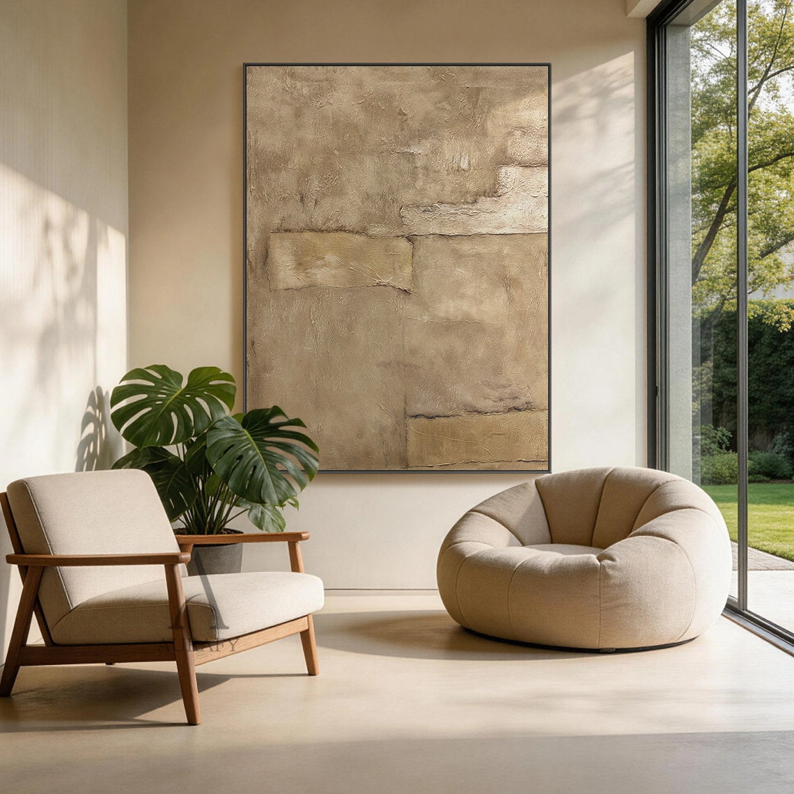 Wabi-sabi beige general abstract impasto canvas wall art (AURA736), features warm muted earthy beige palette covering off-white, pale sand, warm tan and deep taupe, rough irregular blocky composition with dark gap edges mimicking weathered aged plaster or rammed earth, full thick hand-applied textured surface with paint stacking and scratch details, suitable for Japandi, minimalist, quiet luxury home interior decor.